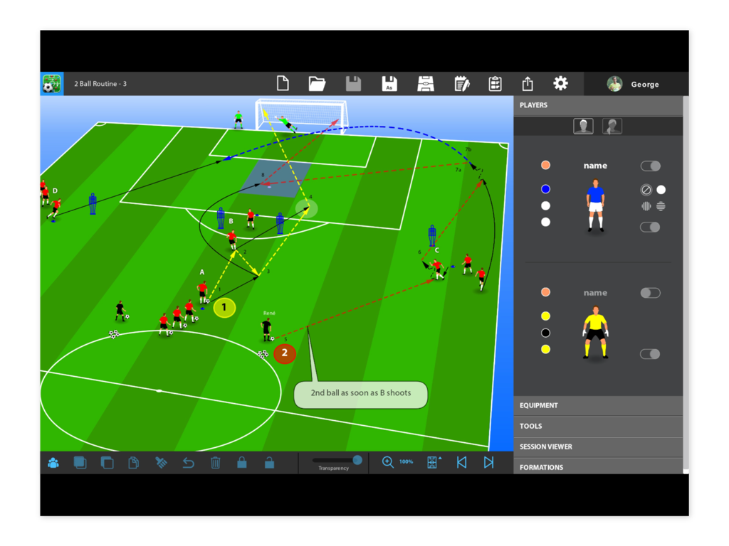 Interface of the Tactics Manager app showing a 3D soccer pitch with tactical player movement and training instructions