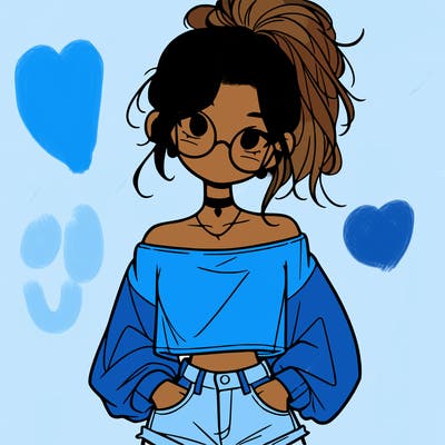 girl with a messy ponytail glasses a baggy crop top and jean shorts
