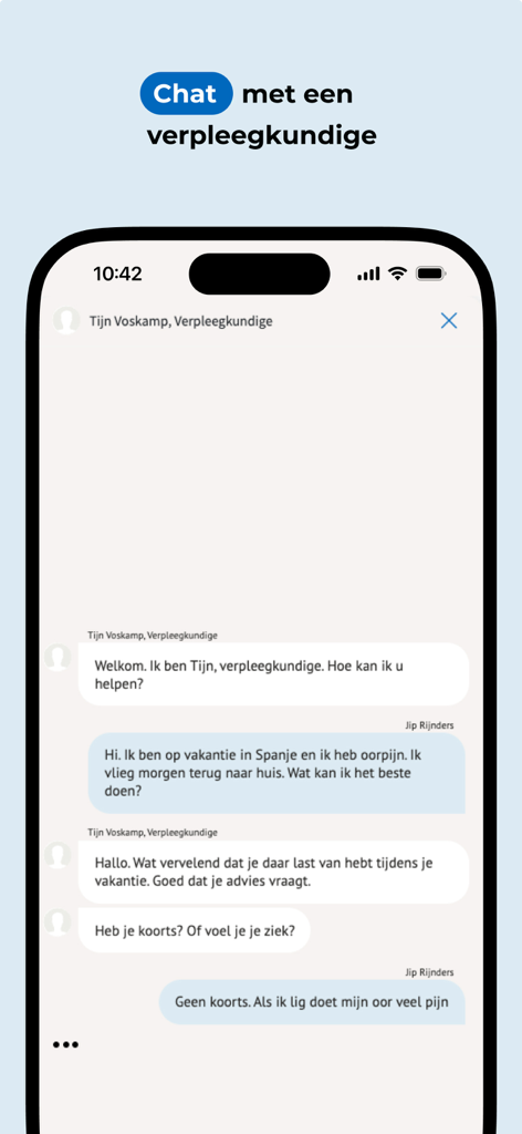 ZelfZorgWijzer - ZelfZorgWijzer app screen showing a medical chat conversation with a professional nurse