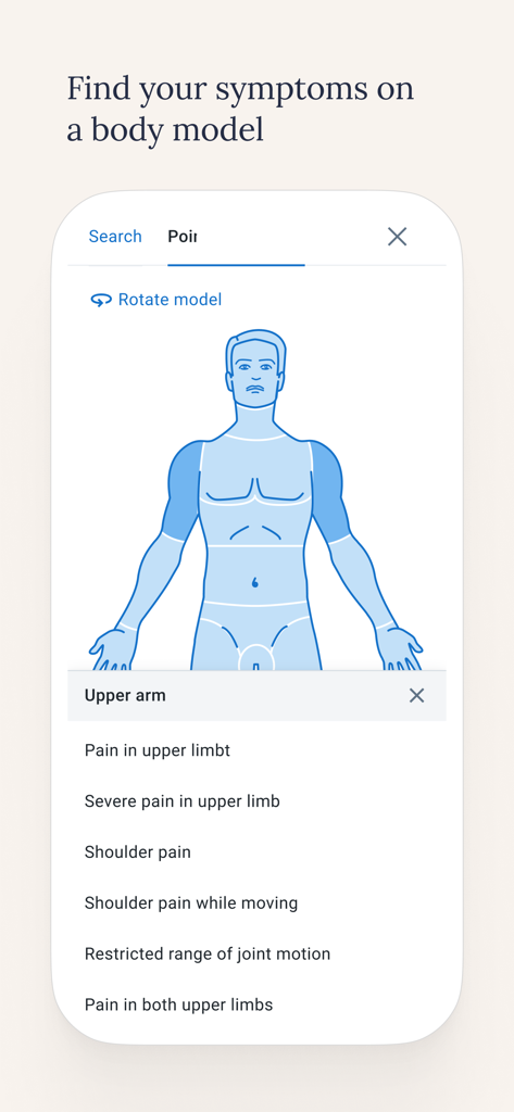 Interfaz de la aplicación Symptomate con un modelo del cuerpo humano para señalar síntomas como dolor en el brazo.