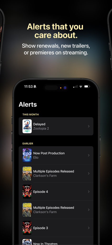 Showcase: Track Movies & Shows - Pantalla de alertas de la aplicación Showcase que muestra notificaciones de películas y series sobre renovaciones y estrenos