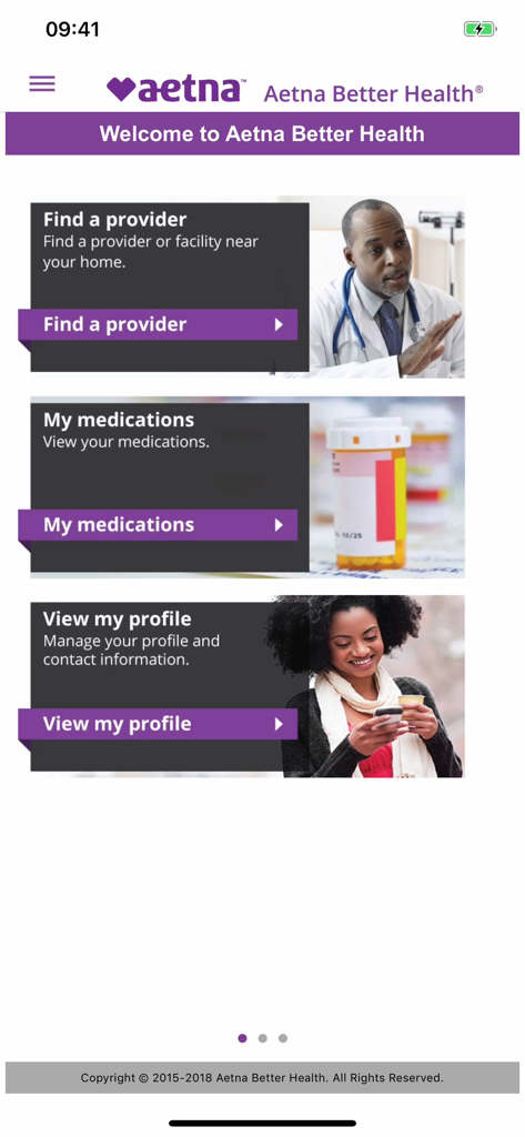 Aetna Better Health - Medicaid - Welcome screen of the Aetna Better Health Medicaid app featuring buttons to find a provider, view medications, and manage user profile.