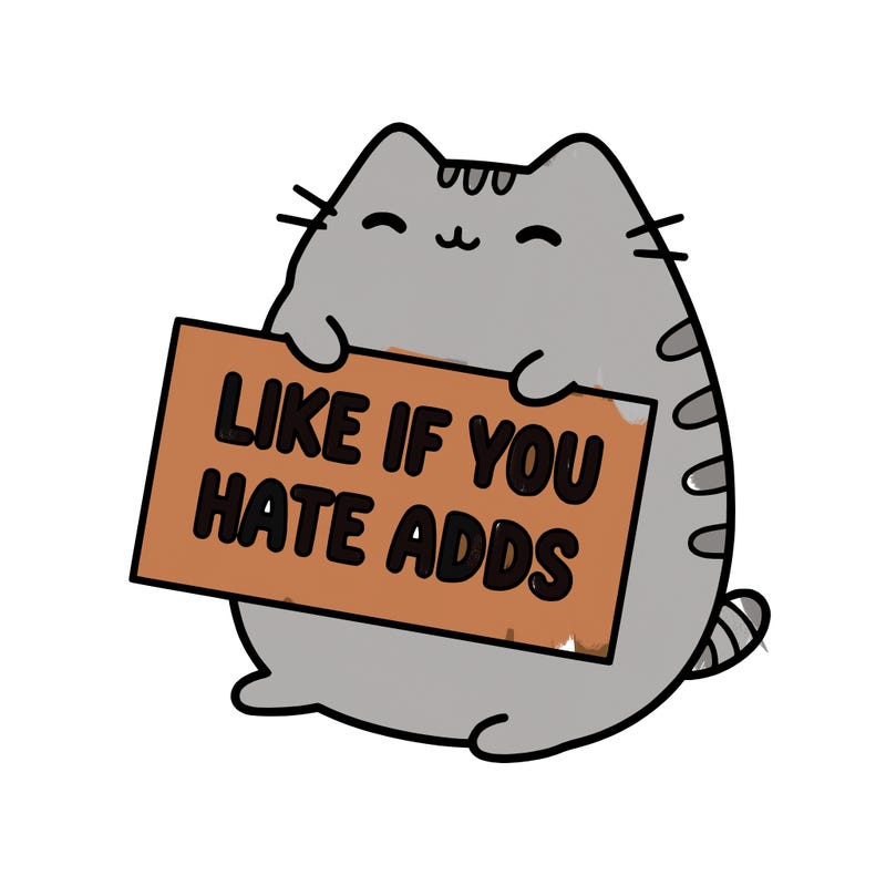 a kawii pusheen cat holding a sign that says like if you hate adds