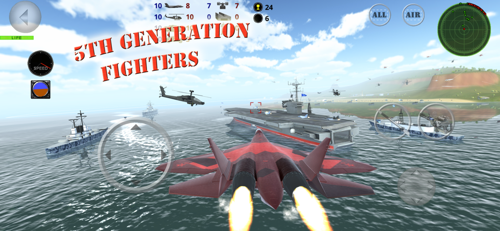 Fighter 3D Multiplayer - Red fighter jet flying over an aircraft carrier during a 3D air combat mission