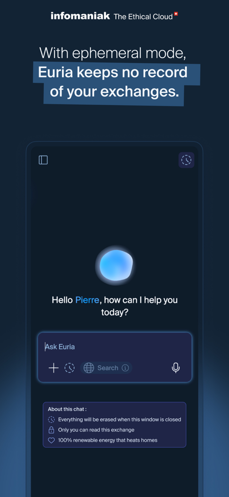 Infomaniak Euria AI mobile app showing private chat with ephemeral mode enabled.