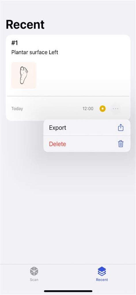 3D-Sidekick - Lista de escaneos 3D recientes en la aplicación 3D-Sidekick con un menú de exportación abierto para un escaneo de pie