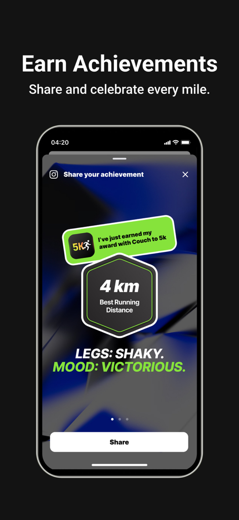 iRun. Couch to Runner : Run 5k - iRun app screen showing a milestone achievement for a four kilometer run ready to be shared on social media