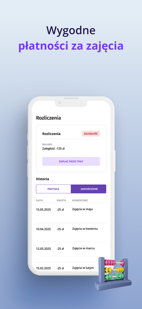 ActiveNow mobile app interface showing billing history and secure online payment options for student classes