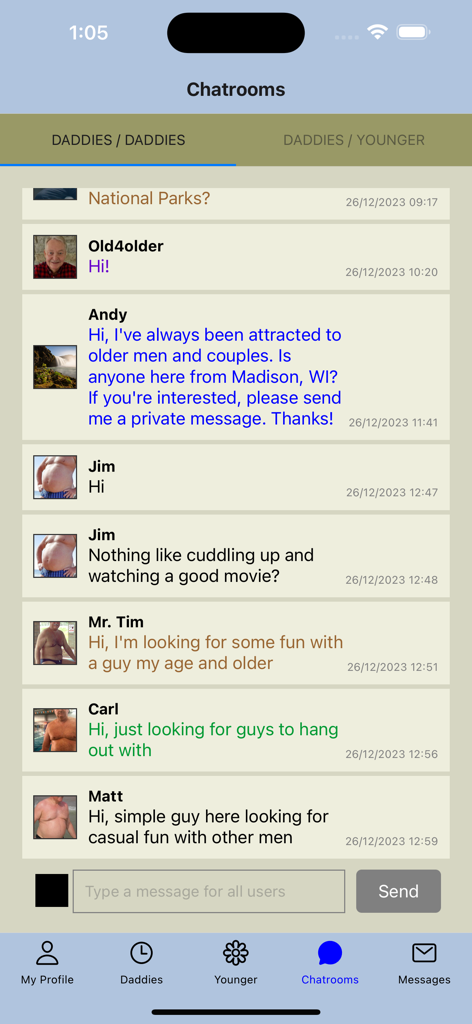 Gay Older Men Chat - A list of messages from different users in the chatroom section of the Gay Older Men Chat app