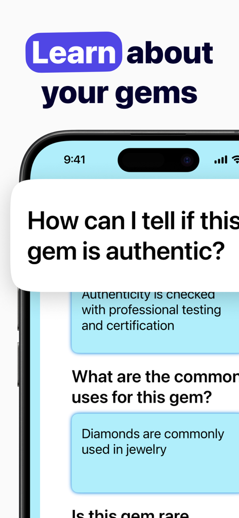 Gemstone Identifier - Gem - Mobile app interface displaying educational questions and answers about gemstone authenticity and common uses