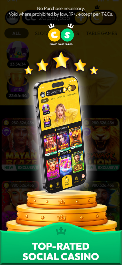 Smartphone displaying CrownCoins Casino game interface on a golden trophy pedestal with five stars and the text top rated social casino