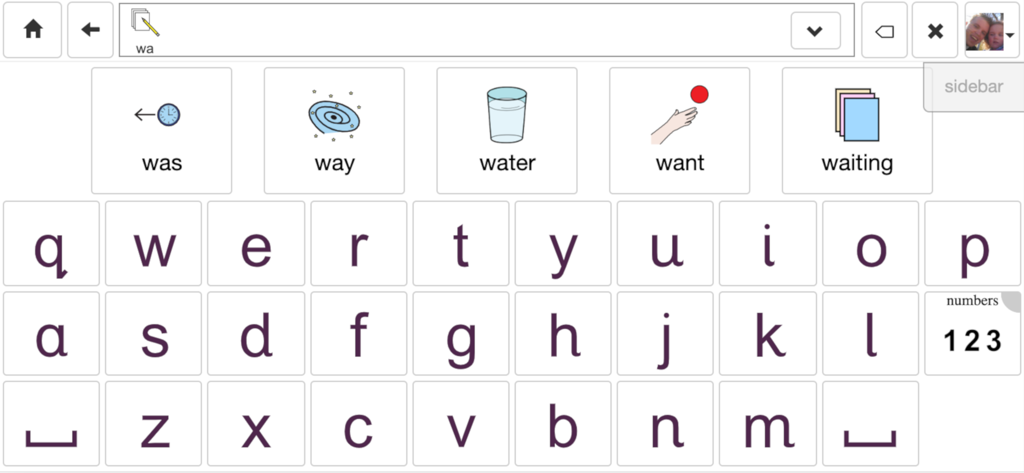 CoughDrop - CoughDrop app interface featuring a keyboard and predictive symbols for words like water and want