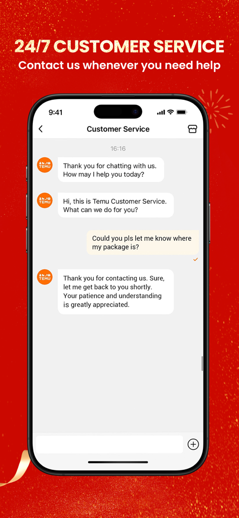 Pantalla de la app móvil Temu mostrando la interfaz de chat de atención al cliente 24/7.