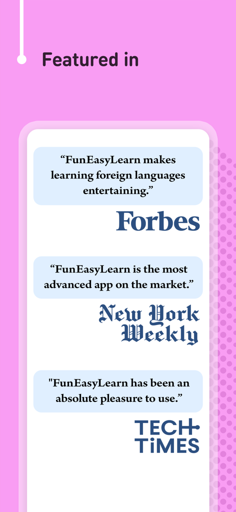Press reviews for FunEasyLearn app from Forbes New York Weekly and Tech Times