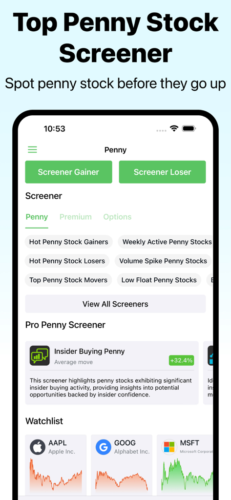 Penny Stocks Screener: AI Scan - 급등 종목 및 거래량 급증과 같은 다양한 주식 필터와 관심 종목 목록을 보여주는 페니 스톡 스크리너 앱 인터페이스