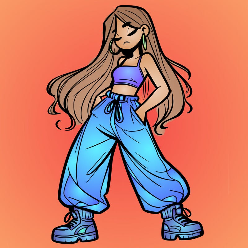 girl in baggy pants crop top and long hair