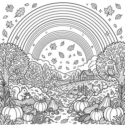 Immerse yourself in the beauty of fall with this charming coloring page, showcasing a vibrant autumn harvest and a unique supernumerary rainbow. Discover hidden woodland creatures and bountiful pumpkins, inviting you to add your own splash of color to this cozy scene.