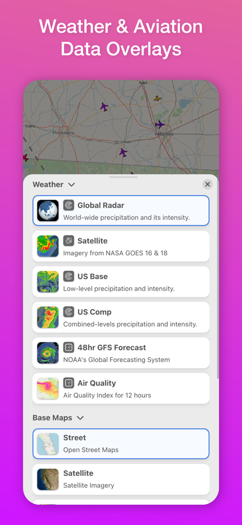 Screen showing weather and aviation data overlays including global radar and satellite imagery on a flight tracking map