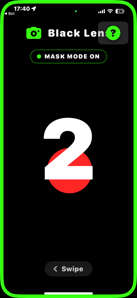 Black Lens - Black Lens app interface in Mask Mode featuring a high contrast countdown over a red face detection target