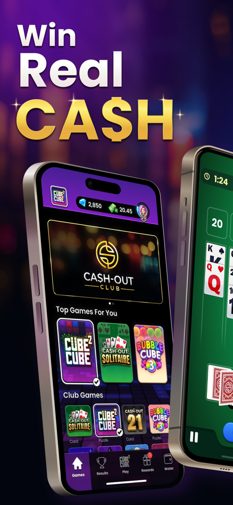 Cash Out Club - Win Real Money - Cash Out Club mobile app showing a variety of games to win real cash like solitaire and cube puzzles