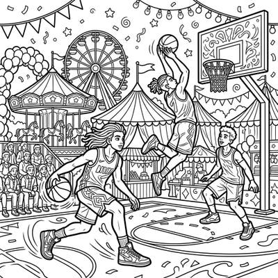 Experience the exhilarating fusion of urban basketball and festive fairground magic with this unique coloring page. Watch streetball icons showcase their skills amidst carousel rides, Ferris wheels, and cheering crowds.
