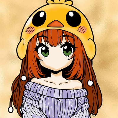 anime girl with chick shaped hat with sweater with bare shoulders with bangs covering them one eye with low tail