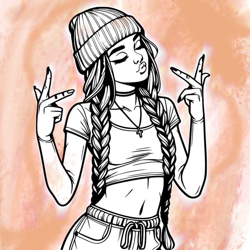 realistic teenage girl with braids and a beanie and crop top doing 🫶🏼