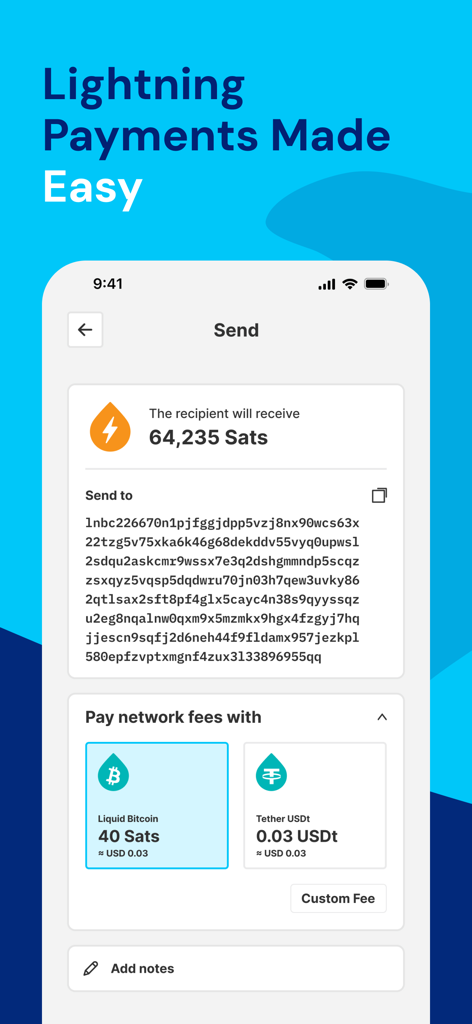 AQUA Wallet app interface showing a Lightning payment screen for 64,235 Sats with network fee options in Liquid Bitcoin and Tether USDt.