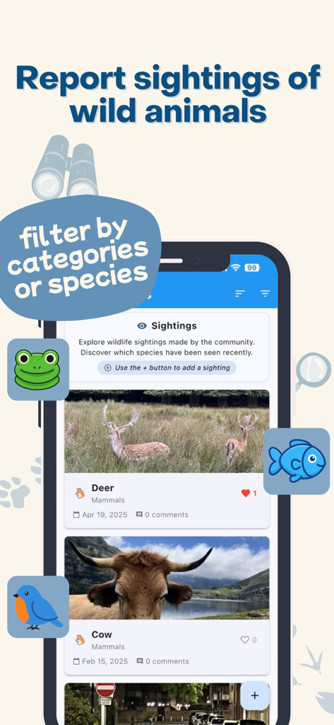 Furtrace - Interface of the Furtrace app showing a list of wild animal sightings with options to filter by species and category.