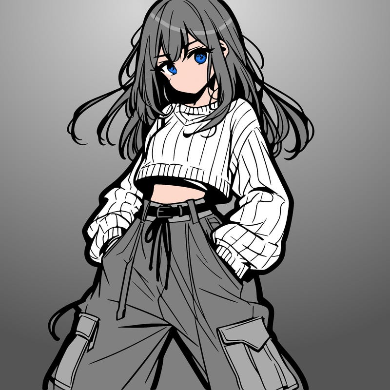 anime teen girl with baggy pants and crop top with sweater