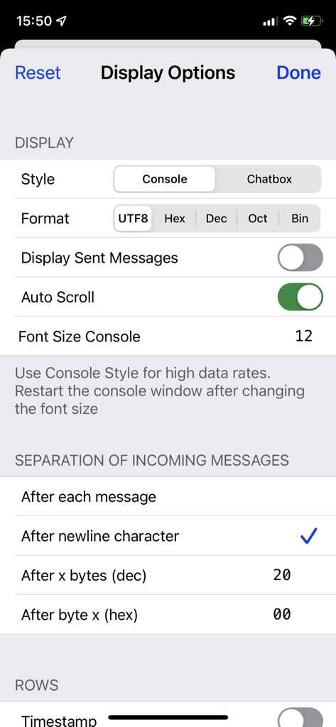 BLESerial HM-10 - Display settings for the BLESerial HM-10 app showing console style and data format options