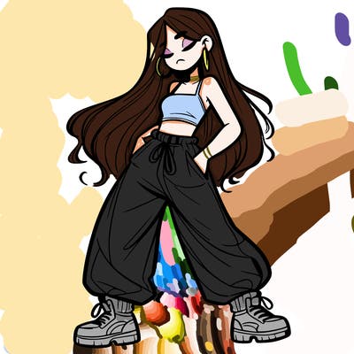 girl in baggy pants crop top and long hair