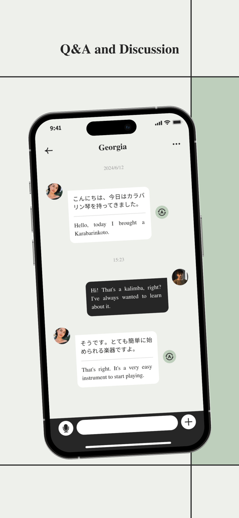 CHIO - Live & Melody - Chat screen of CHIO app showing a conversation about learning the kalimba with automatic translation.