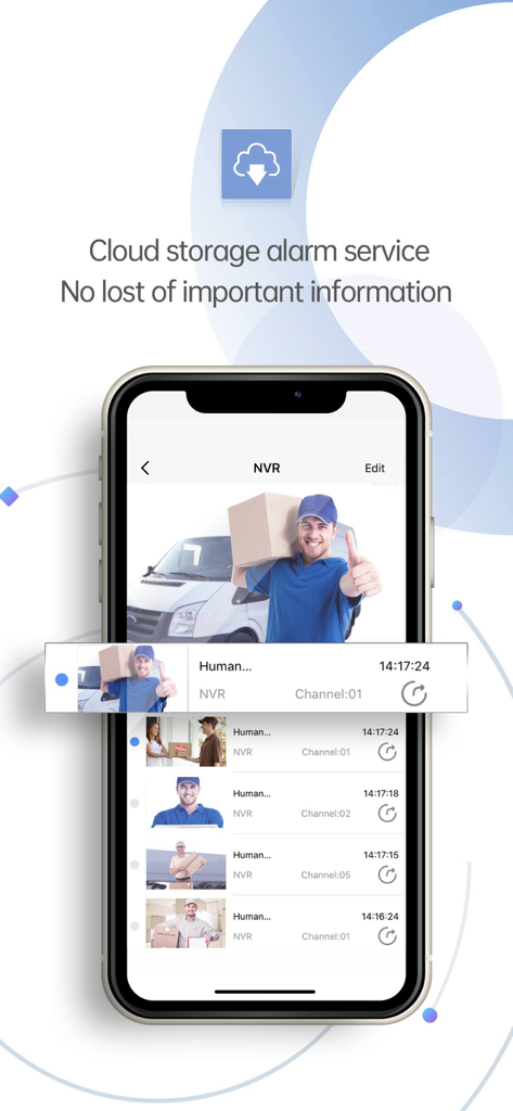 Interface de l'application XMEye Pro montrant les événements d'alarme de stockage cloud de caméra de sécurité avec vignettes de détection humaine