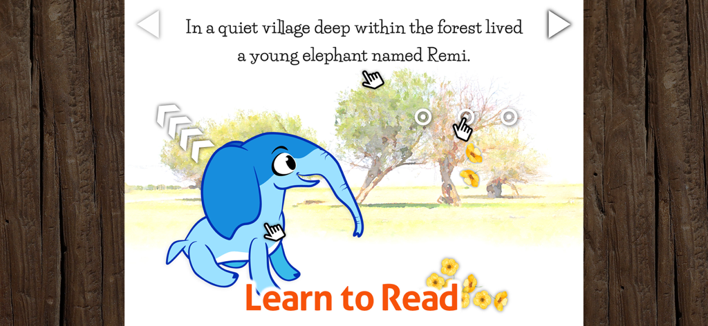 Kids Book & Reading - Remi - 森の中にいるレミの赤ちゃん象が登場するインタラクティブな画面。子供たちが読むのを助けるテキストがあります。