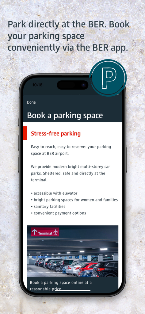 BER Airport App-Bildschirm zur Buchung eines Parkplatzes am Terminal