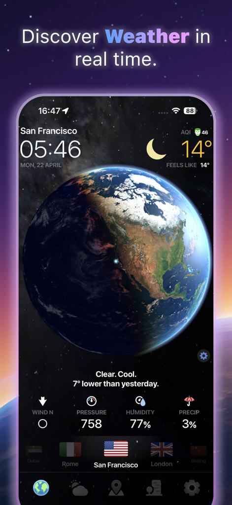 WeatherNOW: Forecast Radar Map - WeatherNOW app screen showing a 3D Earth globe and real time weather data for San Francisco