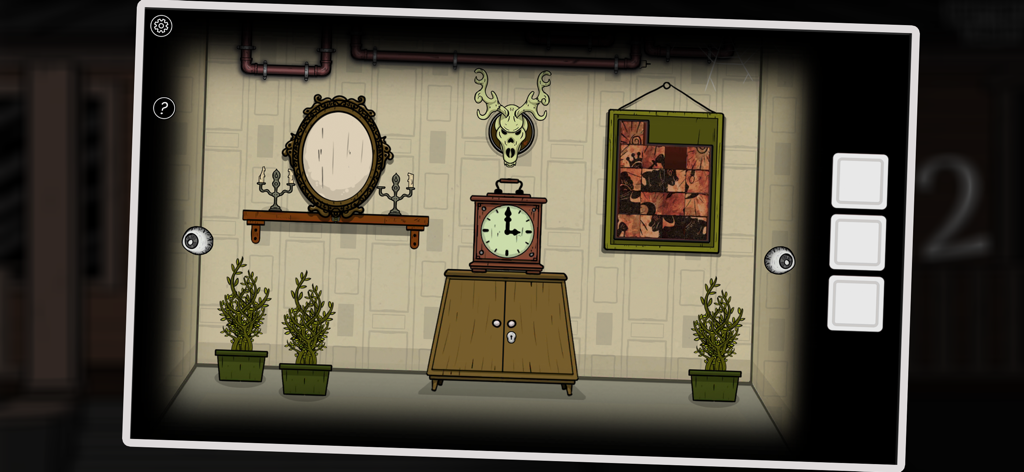 A Diary Of Darkness - A dark mystery room in A Diary Of Darkness featuring a mirror a deer skull on the wall and a clock on a wooden cabinet