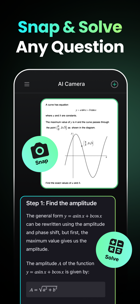 TutorCat - AI Homework Help - TutorCat app interface showing the AI camera scanning a math problem to provide a step-by-step solution