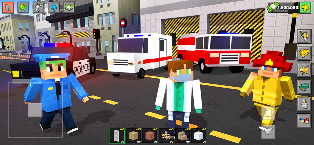 Block City 3D: Simulator Game - ブロック状の都市で緊急車両の隣に立つ、警察官、医師、消防士の衣装を着たピクセル化されたキャラクター。