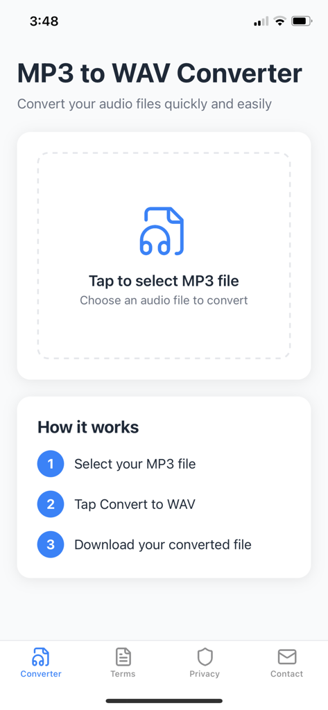 Interface principale de l'application Convertisseur MP3 en WAV montrant la zone de sélection de fichiers et trois étapes d'instructions
