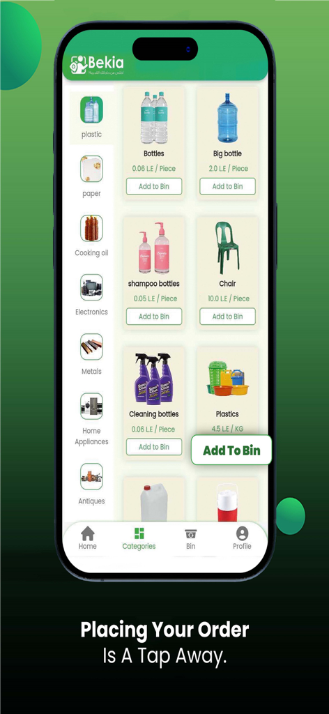 Bekia - Interface do aplicativo Bekia mostrando várias categorias de itens recicláveis, incluindo garrafas plásticas e eletrônicos, com seus valores de recompensa por peça.