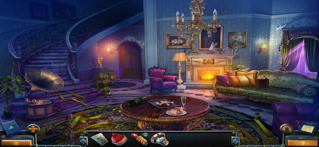 Hidden object scene showing a luxurious 1950s mansion living room with a grand staircase and fireplace