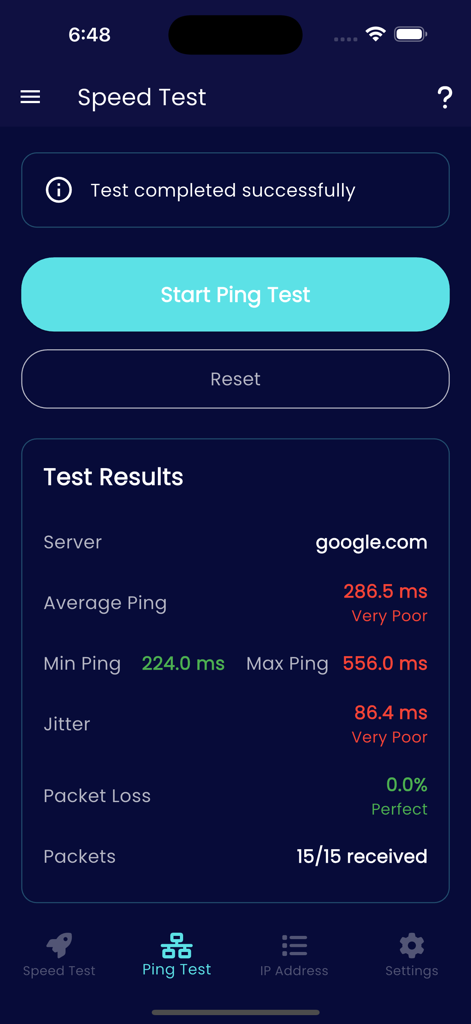 Mobile app screen showing internet ping test results with latency and jitter metrics