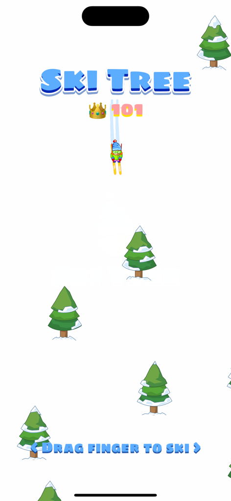 Jugabilidad minimalista de Ski Tree que muestra a un personaje esquiando por una pendiente entre pinos con un contador de puntuación alta