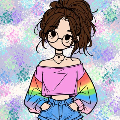 girl with a messy ponytail glasses a baggy crop top and jean shorts