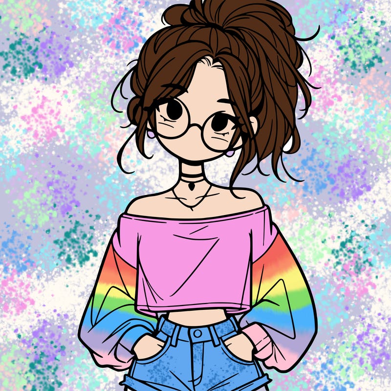 girl with a messy ponytail glasses a baggy crop top and jean shorts