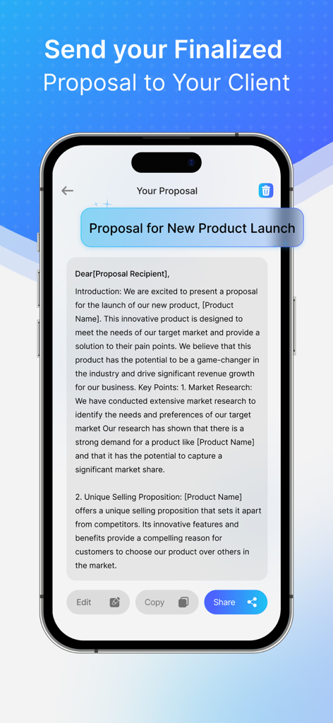 AI Business Proposal Generator - Uma tela de smartphone exibindo um rascunho finalizado de proposta comercial para o lançamento de um novo produto com opções para editar, copiar e compartilhar.