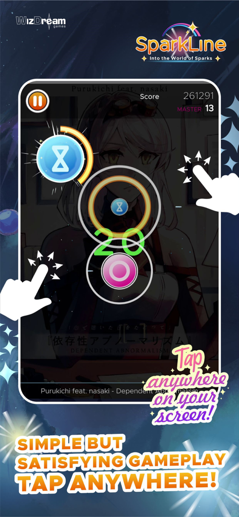 SparkLineリズムゲームのスクリーンショット。アニメキャラクターの背景と共に、どこでもタップできるゲームプレイの仕組みが表示されている