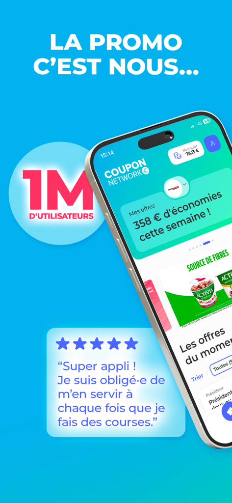 Coupon Network mobile app interface showing weekly grocery savings, a 1 million user badge, and a five star customer testimonial